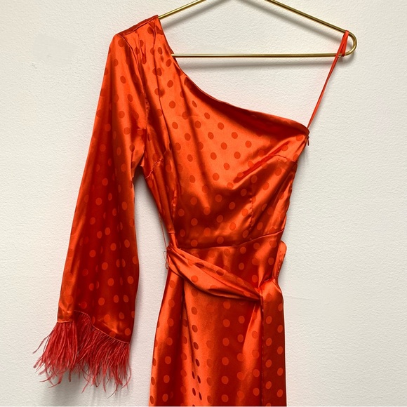 Vici Margaux Satin Feather Trim Midi Dress XS One Shoulder Holiday Christmas Red - Picture 6 of 16